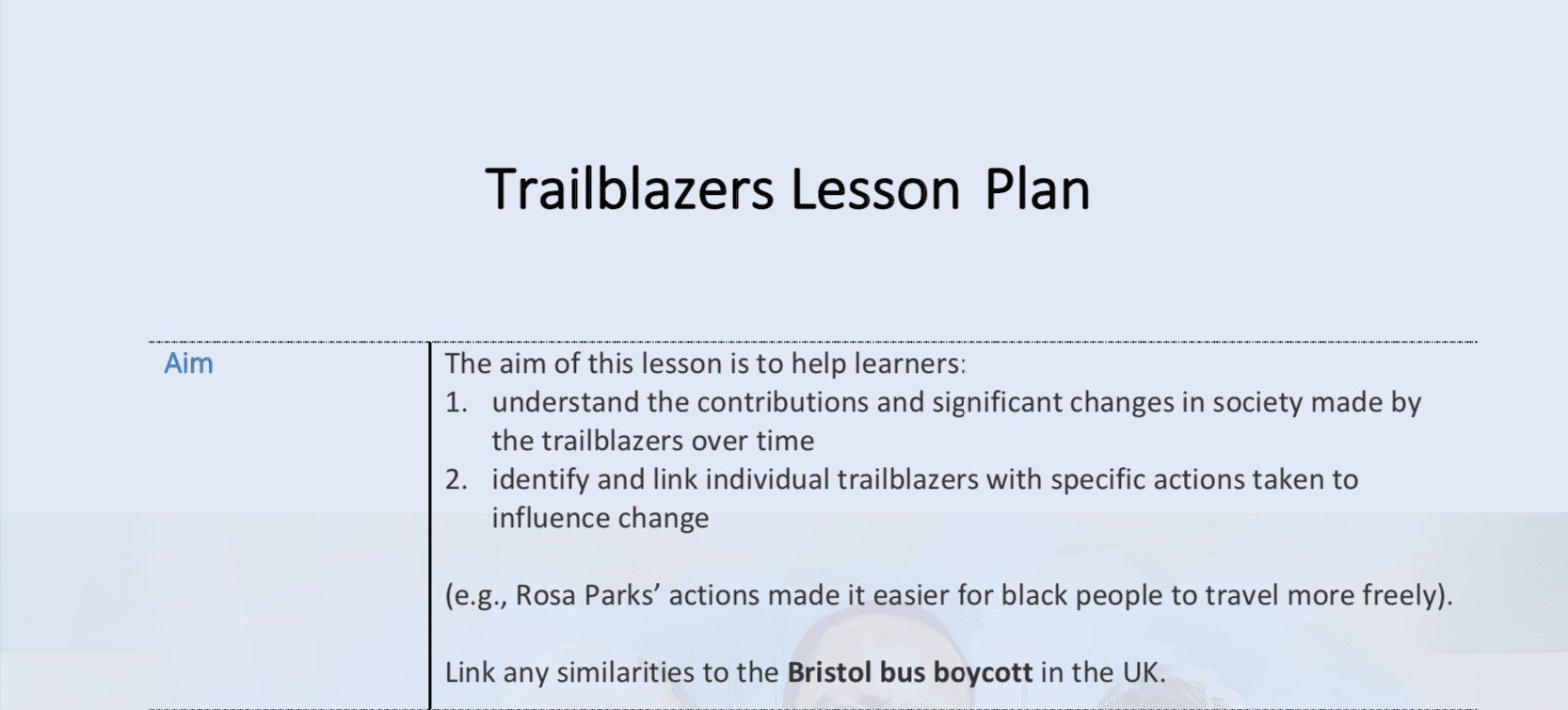 Trailblazers Lesson plan aim